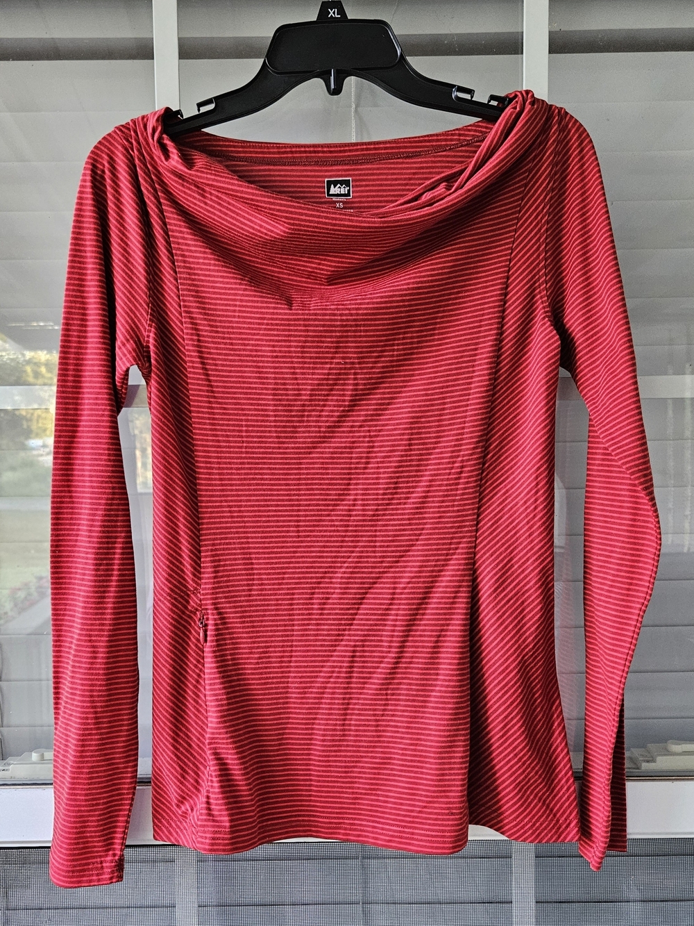 REI Women's Red and Pink Striped Long-Sleeve Cowl Neck Top is a size XS.